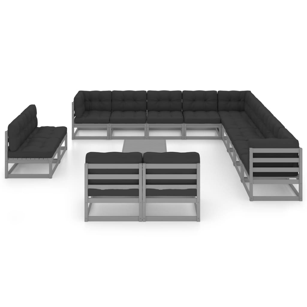 14-tlg. Garten-Lounge-Set mit Kissen Grau Kiefer Massivholz